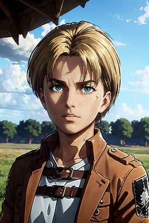 1girl, solo, Nanaba, Attack on Titan, blue eyes, wore standard Survey Corps uniform with a light-colored v-neck underneath, short light hair, petite build, calm, beautiful, handsome, charming, alluring, gentle expression, soft expression, (standing), (upper body in frame), Wit Studio anime style, simple background, green plains, cloudy blue sky, perfect light, perfect anatomy, perfect proportions, 8k, HQ, HD, UHD, (best quality:1.5, hyperrealistic:1.5, photorealistic:1.4, madly detailed CG unity 8k wallpaper:1.5, masterpiece:1.3, madly detailed photo:1.2), (hyper-realistic lifelike texture:1.4, realistic eyes:1.2), picture-perfect face, perfect eye pupil, detailed eyes, portrait, dynamic, cinematic ,Masterpiece