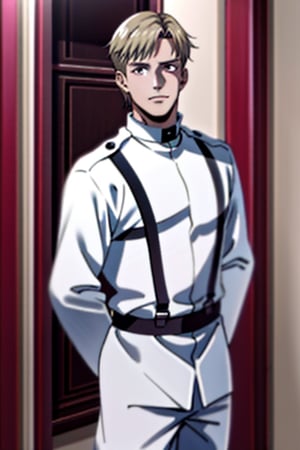 solo male, Colt Grice, blond hair, light hazel eyes, tall, Marleyan soldier uniform, (standing collar, mandarin collar:1.3), light pants, black suspender straps, tall combat boots, young, handsome, charming, alluring, perfect anatomy, perfect proportions, best quality, masterpiece, high_resolution, standing, upper body, dutch angle, cowboy shot, photo background, medieval italian city wide avenue, day,  multiple floor townhouse 