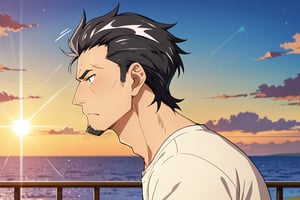 score_9, score_8_up, score_7_up, score_6_up, perfect anatomy, perfect proportions, best quality, masterpiece, high_resolution, high quality, aesthetic, absurdres, solo male, Kaburagi, black hair, grey hair streak, multicolored hair, hair slicked back, facial hair, goatee, green eyes, sanpaku, constricted pupils, eyebrow slit, scar, white shirt, wide necked shirt, short-sleeved shirt, sleeves tucked up and buttoned, mature, handsome, charming, alluring, masculine, serious, intense eyes, v-shaped eyebrows, mad, passionate, bruise, look outside, leaning forward, close up, headshot, from side, eyes focus, cropped, dutch angel, blue sky, day, cloud, science fiction, cinematic, cinematic still, emotional, harmonious, bokeh, cinemascope, moody, epic, gorgeous, lens flare, emphasis lines, motion lines, motion blur