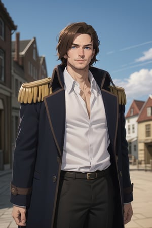 solo male, Graf Granat \(Frieren: Beyond Journey's End\), brown hair, hair parted to one side, facial hair, stubble, blue eyes, sanpaku, white collared shirt, exposed shirt, black pants, matching boots. dark blue coat, open coat, (coat over shoulders), gold epaulettes, mature, handsome, charming, alluring, standing, upper body, perfect anatomy, perfect proportions, best quality, masterpiece, high_resolution, dutch angle, cowboy shot, photo background, palace
,Masterpiece