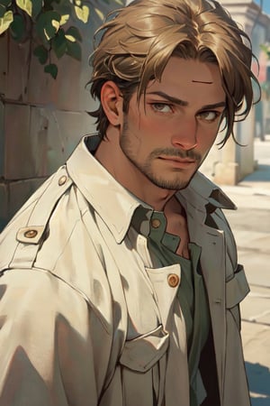 (renaissance:1.3), renaissance painting, black aura, detail background, reiner braun (blond hair, short hair, stubble, bare forehead:1.4), (hazel eyes:1.3), fit body, (wearing pure white collared shirt, button up shirt:1.3), (unbutton open brown trench coat, military green pants, black combat boots:1.2), show chest shirt, manly, bulky, charming, alluring, sleazy, high fantasy, (standing), (upper body in frame), dawn, cinematic lighting, perfect anatomy, perfect proportions, perfect perspective, 8k, HQ, (best quality:1.5, hyperrealistic:1.5, photorealistic:1.4, madly detailed CG unity 8k wallpaper:1.5, masterpiece:1.3, madly detailed photo:1.2), (hyper-realistic lifelike texture:1.4, realistic eyes:1.2), picture-perfect face, perfect eye pupil, detailed eyes, realistic, HD, UHD, look at viewer,  (portrait close-up), Kocic