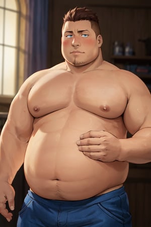 (1 image only), solo male, 1boy, Heymans Breda, Fullmetal Alchemist, anime, 2D, blue eyes, brown hair, short hair, high fade, stubble, handsome, (chubby), (topless, shirtless, bare chest, bare shoulder),  blue pants, shy, blush, charming, alluring, upper body in frame, perfect anatomy, perfect proportions, 8k, HQ, (best quality:1.2, hyperrealistic:1.2, photorealistic:1.2, masterpiece:1.3, madly detailed photo:1.2), (hyper-realistic lifelike texture:1.2, realistic eyes:1.2), high_resolution, perfect eye pupil, dutch angle,best quality