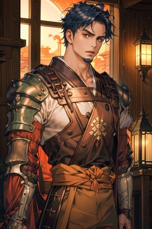 solo male, Kibito Araka, Kabaneri of the Iron Fortress, short hair, dark blue hair, brown-golden eyes, goatee, muscular build, tall, samurai armor, white Juban \(kimono\)
, (orange Haidate \(armored Skirt\)), orange plated cuirass, padded sleeves, khaki pants, brown gauntlet, fingerless gauntlet, purple armored faceplate, black puttee, sandals, mature, handsome, charming, alluring, standing, upper body, perfect anatomy, perfect proportions, best quality, masterpiece, high_resolution, dutch angle, cowboy shot, photo background,1boy