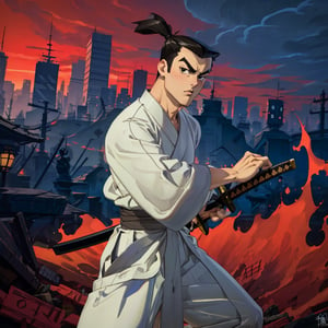 (1 image only), solo male, Samurai Jack, Cartoon Network style, Asian, Japanese, intense gaze, black hair, short topknot, black eyes, geta, white kimono, white sashes, wide sleeves, mature, handsome, charming, alluring, uperfect anatomy, perfect proportions, (best quality, masterpiece), (perfect hands), high_resolution, dutch angle, cowboy shot, fine art, (2d, flat), (single placket),  fighting_stance, holding sword, (perfect sword), battoujutsu, red and black cityscape