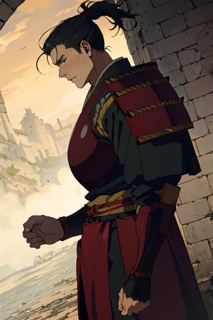 solo male, Shuro \(Delicious in Dungeon\), samurai, black eyes, black hair, ponytail, neat hair, shaved face, japanese armor, green Juban \(kimono\), breastplate, kusazuri, shoulder armor, sode, kote, puttee, sandals, handsome, charming, alluring, standing, upper body, perfect anatomy, perfect proportions, best quality, masterpiece, high_resolution, dutch angle, cowboy shot, photo background, 