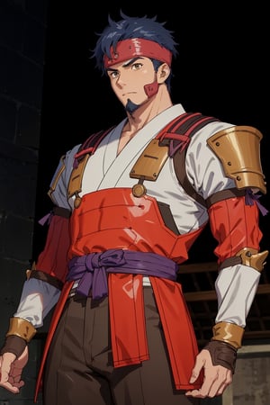 solo male, Kibito Araka, Kabaneri of the Iron Fortress, short hair, dark blue hair, brown-golden eyes, goatee, muscular build, tall, samurai armor, white Juban \(kimono\)
, (orange Haidate \(armored Skirt\)), orange plated cuirass, padded sleeves, khaki pants, brown gauntlet, fingerless gauntlet, purple armored faceplate, black puttee, sandals, mature, handsome, charming, alluring, standing, upper body, perfect anatomy, perfect proportions, best quality, masterpiece, high_resolution, dutch angle, cowboy shot, photo background,1boy