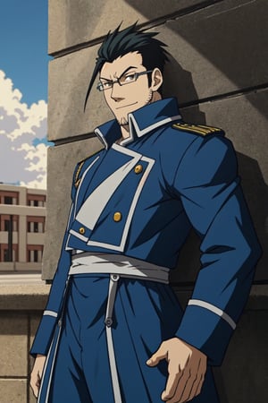 1boy, solo, Maes Hughes, Fullmetal Alchemist, anime,  2D, tall, lean, black hair, jovially spiky hair, brown eyes, rectangular spectacles framed, 29 years old, mature, blue military uniform, manly, masculine, handsome, charming, alluring, office, (standing), (upper body in frame), perfect light, perfect anatomy, perfect proportions, perfect perspective, 8k, HQ,  (best quality:1.2, masterpiece:1.2, madly detailed), perfect face, front view, portrait, outdoor, sky,best quality,perfecteyes