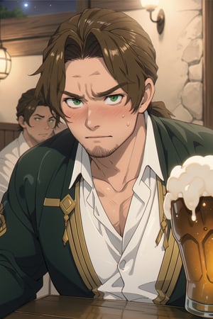 solo male, Sein \(Frieren: Beyond Journey's End\), priest, brown hair, low ponytail, parted bangs, thin hair, stubble, green eyes, (white collared shirt, open shirt, long sleeves), pecs, abs, collarbone, (portrait, close-up, headshot), drunken, blush, sweatdrop, wide-eyed, blush, awkward, embarrassed, sweaty shiny skin, handsome, charming, alluring, perfect anatomy, perfect proportions, best quality, masterpiece, high_resolution, dutch angle, photo background, indoor, table, old tavern, night, beer