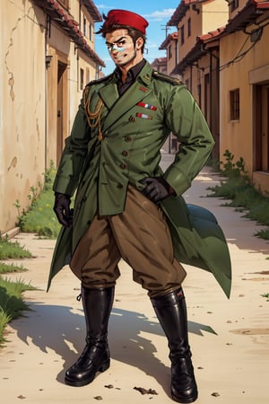 (1 image only), (solo male), 1boy, Sadik Adnan, Turkey, Hetalia: Axis Powers, Turkish male, olive-skinned, facial hair, chinstrap stubble, sideburns, (clean face), brown eyes, brown hair, short hair, grin, small red fez hat, long green military trench coat, brown pants, knee-high boots, black gloves, handsome, mature, charming, alluring, full body, perfect anatomy, perfect proportions, 8k, HQ, (best quality:1.2, hyperrealistic:1.2, photorealistic:1.2, masterpiece:1.3, madly detailed photo:1.2), (hyper-realistic lifelike texture:1.2, realistic eyes:1.2), high_resolution, perfect eye pupil, (standing), perfecteyes, Hagia sophia loction, building, 2d, flat, cartoon, better_hands, perfecteyes