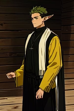 solo male, Kraft\(Frieren: Beyond Journey's End\), elf, masculine, manly, clergy, (olive green hair), short hair, undercut, multicolored hair, green eyes, pointed ears, BREAK (black clothing, short black cassock with yellow sleeves cuffs:1.32, button up cassock, black pants, white scarf, white puttee, shoes, necklace, mature, handsome, charming, alluring, standing, upper body, perfect anatomy, perfect proportions, best quality, masterpiece, high_resolution, dutch angle, cowboy shot, photo background