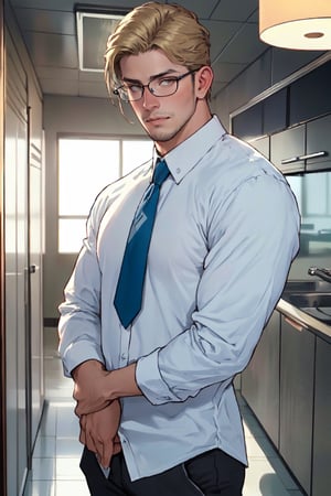 reiner braun, hazel eyes, blond hair, short hair, bare forehead, (facila hair, stubble:1.5), (wore black rectangular spectacles framed glasses:), (light blue collared shirt:1.5, deep blue necktie:1.2, black pants), tucked-in shirts, manly, hunk, masculine, virile, confidence, charming, alluring, smile, standing, (upper body in frame), 1920s artdeco style golden and black luxury room, perfect light, perfect anatomy, perfect proportions, perfect perspective, 8k, HQ, (best quality:1.5, hyperrealistic:1.5, photorealistic:1.4, madly detailed CG unity 8k wallpaper:1.5, masterpiece:1.3, madly detailed photo:1.2), (hyper-realistic lifelike texture:1.4, realistic eyes:1.2), picture-perfect face, perfect eye pupil, detailed eyes, realistic, HD, UHD, look at viewer, solo, art_deco_fusion, mature