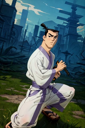 (1 image only), solo male, Samurai Jack, Cartoon Network style, Asian, Japanese, black hair, short topknot, black eyes, geta, white kimono, white sashes, wide sleeves, mature, handsome, charming, alluring, uperfect anatomy, perfect proportions, (best quality, masterpiece), perfect hands, high_resolution, dutch angle, cowboy shot, fine art, (2d, flat), (single placket),  fighting_stance, holding sword, battoujutsu. cityscape