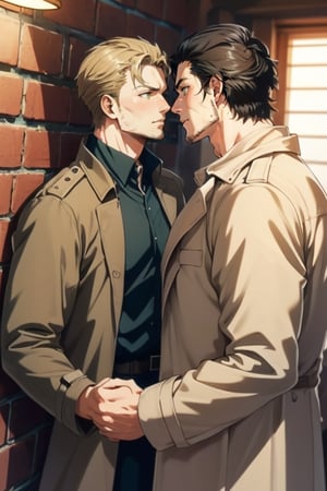 couple, ((2people)), first man giver(Eren Jaeger, black hair, long straight hair, hair down, stubble, grey-green eyes), second mature man receiver(reiner braun, blond hair, short hair, stubble, hazel eyes, chiseled jaw), ((uniform, white collared shirt, opem brown trench coat)), , different hair style, different hair color, different face, makeout, eye contact, gay, homo, skight shy, charming, alluring, seductive, highly detailed face, detailed eyes, perfect light, 1910s military basement, retro, oil lamp light, (best quality), (8k), (masterpiece), best quality, 1 image, rugged, manly, hunk, perfect anatomy, perfect proportions, perfect perspective, hug,Eren Jaeger 