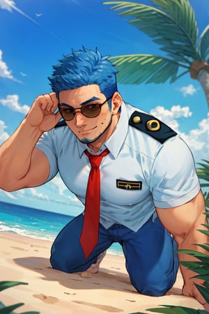 (1 image only), solo male, Wilbur, Animal Crossing, personification, blue hair, short hair, blue facial hair, jawline stubble, black eyes, (aviator sunglasses), aviation pilot uniform, white collor shirt, red necktie, epaulette, blue pants, (lower body out of frame), mature, bara, handsome, charming, alluring, smile, shy, blush, large pectorals, (on all four, all fours pose, upperbody:1.2), (from below, pov, close-up), looking at viewer, perfect anatomy, perfect proportions, (best quality, masterpiece), (perfect eyes, perfect eye pupil), perfect hands, high_resolution, seaside, summer