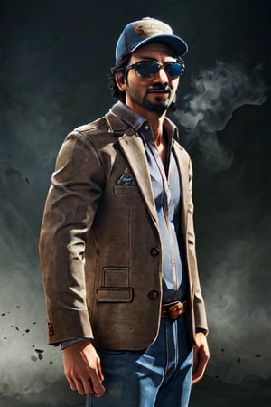 1boy, solo, Ace Visconti, Dead By Dayligh, Argentinian of Italian descent, gambler, grey-streaked hair, facial hair, sunglasses, (cap), damask print shirt, classic jacket, jeans, mature, manly, masculine, handsome, charming, alluring, dashing, smirk, (standing), (upper body in frame), dark background, fog, dark atmosphere, cinematic light, perfect anatomy, perfect proportions, perfect perspective, 8k, HQ, (best quality:1.5, hyperrealistic:1.5, photorealistic:1.4, madly detailed CG unity 8k wallpaper:1.5, masterpiece:1.3, madly detailed photo:1.2), (hyper-realistic lifelike texture:1.4, realistic eyes:1.2), picture-perfect face, perfect eye pupil, detailed eyes, realistic, HD, UHD, portrait, looking outside frame, side view, dynamic, cinematic , floating poker cards,best quality