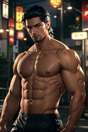 (1 image only), solo male, 1boy, Daigo Dojima, Yakuza, 34 years old, Asian, Japanese, black hair,  short hair, slicked back hair, stubble, handsome,  (topless, shirtless), (black pants), fit body, mature, manly, hunk, masculine, virile, confidence, charming, alluring, upper body in frame, night at Kabukicho Tokyo, perfect anatomy, perfect proportions, 8k, HQ, (best quality:1.5, hyperrealistic:1.5, photorealistic:1.4, madly detailed CG unity 8k wallpaper:1.5, masterpiece:1.3, madly detailed photo:1.2), (hyper-realistic lifelike texture:1.4, realistic eyes:1.2), high_resolution, picture-perfect face, perfect eye pupil, detailed eyes,  perfecteyes, perfecteyes, dutch angle,realistic,photorealistic
