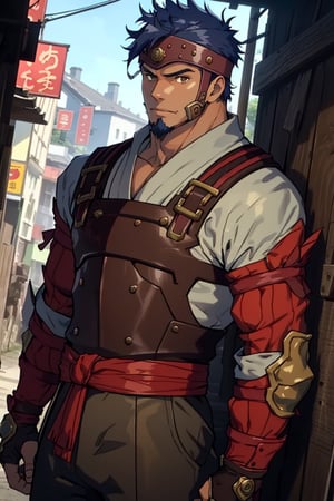 solo male, Kibito Araka, Kabaneri of the Iron Fortress, short hair, dark blue hair, brown-golden  eyes, goatee, muscular build, tall, bushi armor, orange plated cuirass, padded sleeves, khaki pants, brown gauntlet, fingerless gauntlet, purple armored faceplate, black puttee, sandals, mature, handsome, charming, alluring, standing, upper body, perfect anatomy, perfect proportions, best quality, masterpiece, high_resolution, dutch angle, cowboy shot, photo background