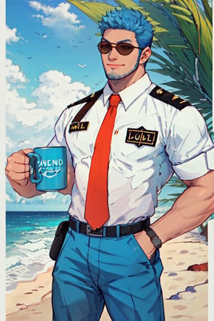 (1 image only), solo male, Wilbur, Animal Crossing, personification, blue hair, short hair, blue facial hair, jawline stubble, black eyes, (aviator sunglasses), aviation pilot uniform, white collor shirt, red necktie, epaulette, blue pants, socks, black footwear, mature, bara, handsome, charming, alluring, smile, standing, upper body, perfect anatomy, perfect proportions, (best quality, masterpiece), (perfect eyes, perfect eye pupil), perfect hands, high_resolution, dutch angle, cowboy shot, seaside, summer, hand up, holding mug cup
