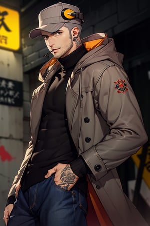 (1 image only), solo male, Munehisa Iwai,  Persona, Asian ,Japanese, Weapons Dealer, grey hair, short hair, stubble, grey eyes, sideburns, earrings, a tattoo of a gray-colored gecko on the left side of his neck, gray pin-striped hat with yellow ear defenders, black turtleneck sweater, long gray coat, open coat, coat hood down, simple blue jeans, black leather boots, mature, handsome, charming, alluring, lollipop in his mouth, standing, upper body, perfect anatomy, perfect proportions, (best quality, masterpiece), (perfect eyes), high_resolution, dutch angle, cowboy shot  ,Munehisa Iwai