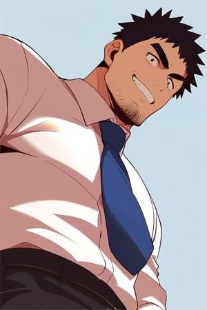 score_9, score_8_up, score_7_up, score_6_up, perfect anatomy, perfect proportions, best quality, masterpiece, high_resolution, high quality, solo male, Harumi Takeda , takeda harumi \(shiromanta\), black hair, short hair, facial hair, stubble, black eyes, thick eyebrows, sanpaku, constricted pupils, (white collared shirt), blue necktie, black pants, adult, mature, masculine, manly, handsome, charming, alluring, standing, look at viewer, grin, friendly, (from below), (upper body), dutch angle, simple background
