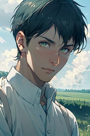 Bertolt Hoover |, (black hair, shorter hair:1.2), (pale green eyes, normal size eyes), (aquiline nose:1.2), fit body, wearing pure white collared shirt, blue sweater, handsome, charming, alluring, calm eyes, (standing), (upper body in frame), simple background, green plains, cloudy blue sky, perfect light, only1 image, perfect anatomy, perfect proportions, perfect perspective, 8k, HQ, (best quality:1.5, hyperrealistic:1.5, photorealistic:1.4, madly detailed CG unity 8k wallpaper:1.5, masterpiece:1.3, madly detailed photo:1.2), (hyper-realistic lifelike texture:1.4, realistic eyes:1.2), picture-perfect face, perfect eye pupil, detailed eyes, realistic, HD, UHD, (front view:1.2), portrait, looking outside frame,perfecteyes