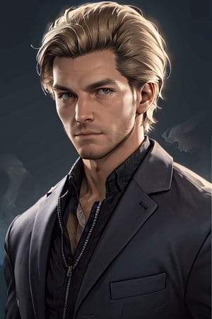 Felix Richter, blond hair, stubble,  (light brown eyes, normal size eyes), handsome, charming, alluring, debonair, (standing), (upper body in frame), simple background, black background, fog, dark atmosphere, perfect light, perfect anatomy, perfect proportions, perfect perspective, 8k, HQ, (best quality:1.5, hyperrealistic:1.5, photorealistic:1.4, madly detailed CG unity 8k wallpaper:1.5, masterpiece:1.3, madly detailed photo:1.2), (hyper-realistic lifelike texture:1.4, realistic eyes:1.2), picture-perfect face, perfect eye pupil, detailed eyes, realistic, HD, UHD, (front view:1.2), portrait, face focus, looking outside frame, (MkmCut)