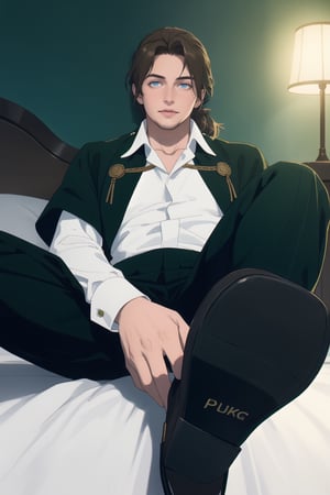 (human:1.2), highres, masterpiece, high quality, (high resolution:1.2), 1guy, solo, Sein, priest, brown hair, low ponytail, parted bangs, thin hair, stubble, green eyes, white collared shirt, (shirt white hems, untucked shirt:1.3), dark coat with a golden accent, dark capelet, dark sleeves, black pants, black footwear. open coat, , sitting on bed, legs up, spread eagle position, lying back, body, (day, palace), looking at viewer, innocent face, depth of field, bokeh, detailed, highly detailed, sharp focus, intricate, smooth, elegant, fantasy, cinematic lighting, cinematic, masterpiece, matte, photorealistic, 4k, beautiful, volumetric lighting, dramatic, Gayspreadeagle