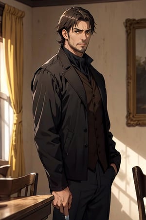 solo male, Artur Braus, shaggy brown hair, brown eyes, sideburns, stubble, 3 piect suit, white collared shirt, ((black jacket, black long jacket sleeves)), ((black sleeves))brown vest, (white cravat), black pants, holding knife, middle-age, mature, handsome, charming, alluring, standing, upper body, perfect anatomy, perfect proportions, best quality, masterpiece, high_resolution, cowboy shot, photo background, vintage dining room, calm, serious