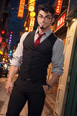 (1 image only), solo male, Jay Chiang, Great Pretender Razbliuto, Asian, Taiwanese, Taipei city, night alley, 2d, anime, flat, black hair, short hair, high fade, goatee, thick eyebrows, brown eyes, silver glasses, (red collared shirt:1.2), (silver necktie, black vest), red sleeves, sleeves rolled up, black pants, black shoes, smile, mature, handsome, charming, alluring, standing, upper body, perfect anatomy, perfect proportions, (best quality, masterpiece), (perfect eyes:1.2), perfect hands, high_resolution, dutch angle, cowboy shot