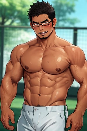 (1 image only), solo male, bara, Kyoichi Ootomo, Live A Hero, Asian, Japanese, hero, short hair, black hair, green streaked hair, sideburns, black eyes, facial hair, goatee, (wore glasses), tan skin, white bandaid on nose, glasses, (complete topless, shirtless), bare chest, bare shoulder, bare neck, bare arms, white baseball pants, shy, blush, smile, mature, handsome, charming, alluring, standing, perfect anatomy, perfect proportions, (best quality, masterpiece), (perfect eyes, perfect eye pupil:1.2), perfect hands, high_resolution, dutch angle, Baseball Players,Baseball Players, baseball field, sweaty skin, shiny skin, fighting_stance, competitive photo, studio photoshoot