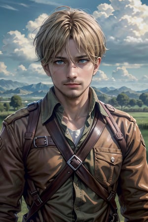 mike_zacharias, blonde hair, bangs parted from middle, pale blue eyes, chin strap stubble, green shirt, (AttackonTitan, scout regiment uniform), fit body, mature, 42 years old, charming, alluring, smirk, calm eyes, (standing), (upper body in frame), simple background, green plains, grey blue cloudy sky, dawn, only1 image, perfect anatomy, perfect proportions, perfect perspective, 8k, HQ, (best quality:1.5, hyperrealistic:1.5, photorealistic:1.4, madly detailed CG unity 8k wallpaper:1.5, masterpiece:1.3, madly detailed photo:1.2), (hyper-realistic lifelike texture:1.4, realistic eyes:1.2), picture-perfect face, perfect eye pupil, detailed eyes, realistic, HD, UHD, (front view, symmetrical picture, vertical symmetry:1.2), look at viewer