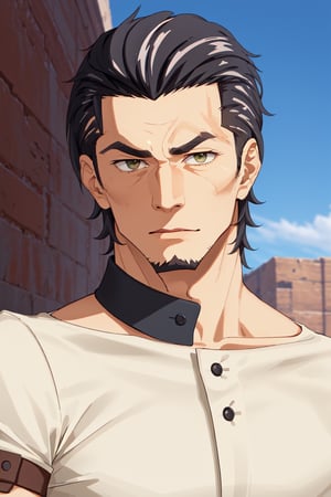 (1 image only), solo male, Kaburagi, Deca Dence, greying black hair, slicked back hair, thick eyebrows, sideburns, goatee, green eyes, scar, tucked-in wide necked short-sleeved white shirt, sleeves tucked up and buttoned, short sleeves, olive wide worker pants, black belt tied, brown boots. simplpe leather bracelet, toned male, mature, handsome, charming, alluring, (portrait, close-up), perfect anatomy, perfect proportions, best quality, masterpiece, high_resolution, dutch angle, outdoors, day, blue sky, science fiction, citadel on sky, photo background, bare neck