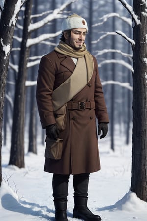 (human), (1 image only), solo male, Vasily Pavlichenko, Golden Kamuy, Russian, sniper, brown hair, blue eyes, sharp eyes, defined eyelashes, furrowed brow, grin, wavy medium-length hair, bold sideburns, short and neat Shenandoah beard, lightly-colored coat, dark gloves, scarf, pants, boots, crossbody bag, handsome, charming, alluring, standing, upper body in frame, perfect anatomy, perfect proportions, 2d, anime, (best quality, masterpiece), (perfect eyes, perfect eye pupil), high_resolution, dutch angle, snowy forest, better_hands, tall wool cap, papakha, ushanka,fantasy art