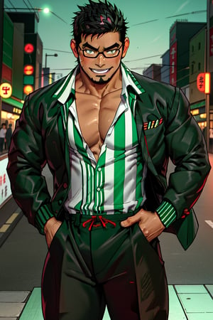 (1 image only), solo male, bara, Kyoichi Ootomo, Live A Hero, Asian, Japanese, hero, short hair, black hair, green streaked hair, sideburns, black eyes, facial hair, goatee, (wore glasses), tan skin, white bandaid on nose, glasses, (pure black jacket:1.3), (complete white/green striped collared shirt, tucked in shirt:1.3), black pants, black leather shoes, smile, blush, mature, handsome, charming, alluring, standing, upper body, perfect anatomy, perfect proportions, (best quality, masterpiece), (perfect eyes, perfect eye pupil), perfect hands, high_resolution, dutch angle, night at Tokyo city street