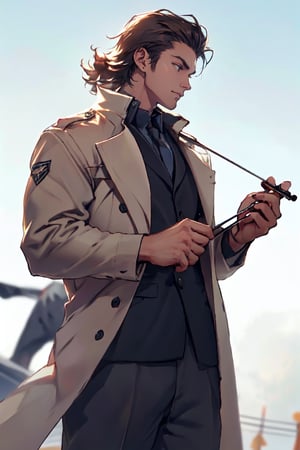 Kazuhira Miller, blue eyes, blond hair, stubble, (wore aviator sunglasses:1.3), white collared shirt, green suit with a red tie, open khaki trench coat, fit body, handsome, charming, alluring, intense gaze, (playing_violin:1.3), violin, (upper body in frame), perfect light, Metal Gear Solid location, perfect anatomy, perfect proportions, perfect perspective, 8k, HQ, (best quality:1.2, hyperrealistic:1.2, photorealistic:1.2, madly detailed CG unity 8k wallpaper:1.2, masterpiece:1.2, madly detailed photo:1.2), (hyper-realistic lifelike texture:1.2, realistic eyes:1.2), picture-perfect face, perfect eye pupil, detailed eyes, realistic, HD, UHD