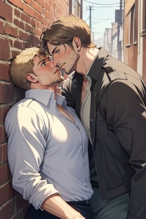perfect anatomy, perfect proportions, perfect perspective, couple, ((2people)), first man giver (jean_kirstein, brown hair, stubble, light brown eyes),second mature man receiver(reiner braun, blond hair, stubble, hazel eyes), ((pure white collared shirt, fit shirt, roll-up sleeves)), stubble, dilf, different hair style, different hair color, different face, makeout, eye contact, gay, homo, slight shy, charming, alluring, seductive, highly detailed face, detailed eyes, perfect light, on 1910s city wall, military, retro, (best quality), (8k), (masterpiece), best quality, 1 image, rugged, manly, hunk, hug 