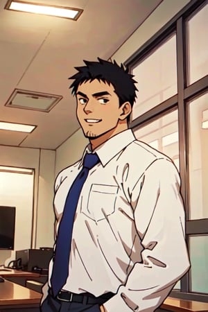 Harumi Takeda, Japanese, anime, stubble on chin, black eyes, black hair, short hair, wore white collared shirt, blue necktie, blck pants, handsome, smile, fit body, handsome, charming, alluring, office, (standing), (upper body in frame), perfect light, perfect anatomy, perfect proportions, perfect perspective, (best quality:1.2, masterpiece:1.2), perfect face, front view, portrait
