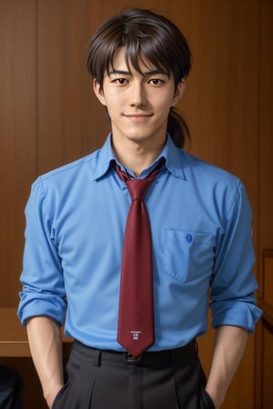 (1 image only), solo male, Ryoji Kaji, Neon Genesis Evangelion, Asian, Japanese, dark brown hair, bangs, short ponytail, dark brown eyes, (thin stubble), blue collared shirt, red sleeves rolled up, necktie, black pants, smile, (mature, masculine), handsome, charming, alluring, pov, upper body, table, perfect anatomy, perfect proportions, 2D, anime, (best quality, masterpiece), ((perfect eyes, perfect eye pupil)), perfect hands, high_resolution, dutch angle