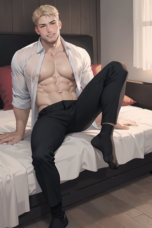 masterpiece, high definition, perfect quality, Reiner Braun, blond hair, short hair, stubble, facial hair, hazel eyes, solo, smile, 1boy, sitting, closed mouth, ale focus, open legs, in bed, (open shirt), (black pants), (grey socks), muscular, bara, big pecs, black blindfolded, perfect proportions, perfect hands, beautiful, 8k, shy, blushing, 
