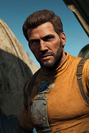 solo male, realistic, Paladin Danse, Fallout 4, short hair, warm black hair, light brown eyes, beard, orange-gray Brotherhood of Steel uniform, orange-gray bodysuit, gloves, boots, mature, handsome, charming, alluring, , ((portrait, headshot, close-up)), perfect anatomy, perfect proportions, best quality, masterpiece, high_resolution, dutch angle, photo background, ruined overhead interstate, Fallout 4 location, post-apocalyptic ruins, desolated landscape, dark blue sky,Masterpiece