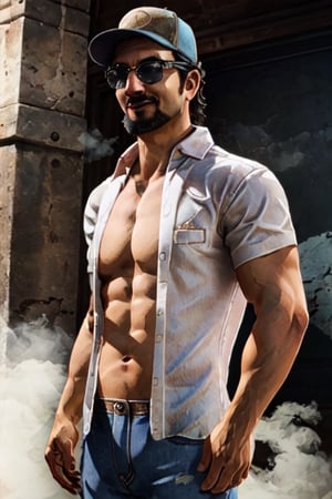 1boy, solo, Ace Visconti, Dead By Dayligh, Argentinian of Italian descent, gambler, grey-streaked hair, facial hair, sunglasses, (cap), damask print shirt, (open shirt), bare chest jeans, mature, manly, masculine, handsome, charming, alluring, dashing, smirk, (standing), (upper body in frame), dark background, fog, dark atmosphere, cinematic light, perfect anatomy, perfect proportions, perfect perspective, 8k, HQ, (best quality:1.5, hyperrealistic:1.5, photorealistic:1.4, madly detailed CG unity 8k wallpaper:1.5, masterpiece:1.3, madly detailed photo:1.2), (hyper-realistic lifelike texture:1.4, realistic eyes:1.2), picture-perfect face, perfect eye pupil, detailed eyes, realistic, HD, UHD, portrait, looking outside frame, side view,best quality