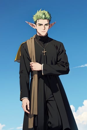 solo male, Kraft\(Frieren: Beyond Journey's End\), elf, masculine, manly, clergy, (olive green hair), short hair, undercut, multicolored hair, green eyes, pointed ears, BREAK (black clothing, above-knee-length-cassock, black cassock with yellow-cuff-trim:1.3), button up cassock, (wide black pants), (white scarf), white puttee, shoes, necklace, mature, handsome, charming, alluring, standing, upper body, perfect anatomy, perfect proportions, best quality, masterpiece, high_resolution, dutch angle, cowboy shot, photo background