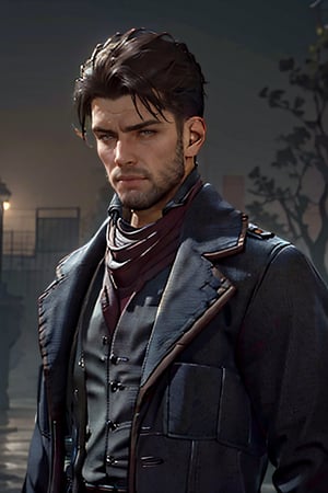 Geoffrey McCullum, black hair, crewcut, stubble, handsome, charming, alluring, rugged, black trench coat, black pants, grey vest, dark red cravat, (standing), (upper body in frame), simple background, 1918 London, fog, dark atmosphere, perfect light, perfect anatomy, perfect proportions, perfect perspective, 8k, HQ, (best quality:1.5, hyperrealistic:1.5, photorealistic:1.4, madly detailed CG unity 8k wallpaper:1.5, masterpiece:1.3, madly detailed photo:1.2), (hyper-realistic lifelike texture:1.4, realistic eyes:1.2), picture-perfect face, perfect eye pupil, detailed eyes, realistic, HD, UHD, (front view:1.2), portrait, looking outside frame,perfecteyes