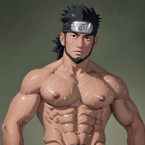 score_9, score_8_up, score_7_up, mns-pose, 1boy, solo, male focus, (Asuma Sarutobi , brown eyes, olive skin, short black hair, jawline beard), forehead protector, masculine, topless, nude, sweaty, wet, shiny skin, looking at viewer, horny, blush, looking down, from below, upper body, close-up, nipples, nipple slip, large pectorals, pectoral focus, sidepec, nude, muscular, muscular male, bara, simple background, (perfect eyes:1.1)