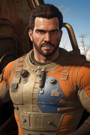 solo male, realistic, Paladin Danse, Fallout 4, short hair, warm black hair, light brown eyes, facial hair, orange-gray Brotherhood of Steel uniform, orange bodysuit, gloves, boots, mature, handsome, charming, alluring, ((portrait, headshot, close-up)), perfect anatomy, perfect proportions, best quality, masterpiece, high_resolution, dutch angle, photo background, ruined overhead interstate, Fallout 4 location, post-apocalyptic ruins, desolated landscape, dark blue sky,Masterpiece