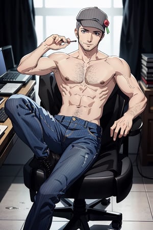 (1 image only), solo male, Munehisa Iwai,  Persona, Asian, Japanese, Weapons Dealer, grey hair, short hair, (grey pin-striped cap:1.3), stubble, grey eyes, sideburns, complete topless, bare neck, bare chest, bare belly, bare abdomen, bare shoulder, bare arms, simple blue jeans, black leather boots, mature, masculine, handsome, charming, alluring, lying on chair, (foot on desk), (holding lollipop), smirk, pov, perfect anatomy, perfect proportions, (best quality, masterpiece), (perfect eyes), high_resolution, dutch angle, [cowboy shot], weapon workshop, slight spread legs ,handsome nude guy