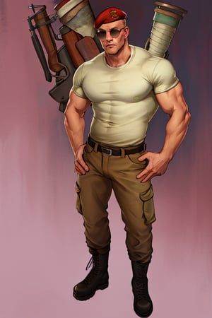 perfect anatomy, perfect proportions, best quality, masterpiece, high_resolution, high quality, best aesthetic, incredibly absurdres, highres, extremely detailed, huge filesize, mature, masculine, manly, virile, handsome, charming, alluring, bara, male focus, solo male, cowboy shot, dutch angle, source_game \(Fallout: New Vegas\), official style \(Fallout: New Vegas\), Craig Boone, FNVBoone, bald, green eyes, Boone_Outfit01, sunglasses, red beret, 1st Recon beret, white undershirt, short sleeves, brown military-esque cargo pant, combat boots,