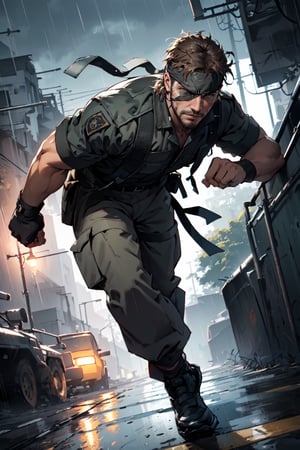 (1 image only), solo male, 1boy, Big Boss, Metal Gear Solid, bslue eyes, brown hair, facial hair, (single eyepatch), (grey headband:1.3), clothing, handsome, mature, charming, alluring, full body in frame, perfect anatomy, perfect proportions, 8k, HQ, (best quality:1.2, hyperrealistic:1.2, photorealistic:1.2, masterpiece:1.3, madly detailed photo:1.2), (hyper-realistic lifelike texture:1.2, realistic eyes:1.2), high_resolution, perfect eye pupil, dutch angle, dynamic, action, raining, night, military base, sneaking pose, genuflect