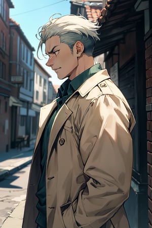 porco_galliard, hazel eyes, undercut, messy, bare forehead, fit body, manly, hunk, masculine, (pure white collared shirt:1.2), (open green trench coat:1.2), messy clothing, masculine, virile, charming, alluring, dejected, depressed, tired, exhausted, tear in eyes, smirk, standing, (upper body in frame), medieval brick european town street, blue sky, cloudy, mist, steamy, perfect light, perfect anatomy, perfect proportions, perfect perspective, 8k, HQ, (best quality:1.5, hyperrealistic:1.5, photorealistic:1.4, madly detailed CG unity 8k wallpaper:1.5, masterpiece:1.3, madly detailed photo:1.2), (hyper-realistic lifelike texture:1.4, realistic eyes:1.2), picture-perfect face, perfect eye pupil, detailed eyes, realistic, HD, UHD, (front view:1.2), look at viewer, scars on face, weathered, wounds, blood, solo, dutch_angle