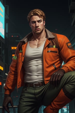 (1 image only), solo male, Gagumber, Sakugan, physical laborer worker, brown hair, two-tone hair, stubble, green eyes, thick eyebrows, (white tank top), (orange High-visibility jacket), open jacket, green work pants, black boots, black gloves, mature, handsome, charming, alluring, ((portrait, close-up)), perfect anatomy, perfect proportions, high_resolution, dutch angle, detailed background, cyberpunk city
